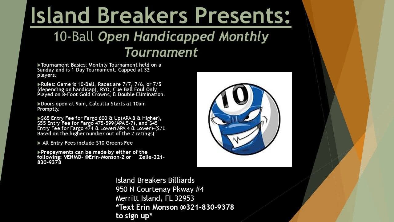 10-Ball Open Handicapped Monthly Tournament flyer
