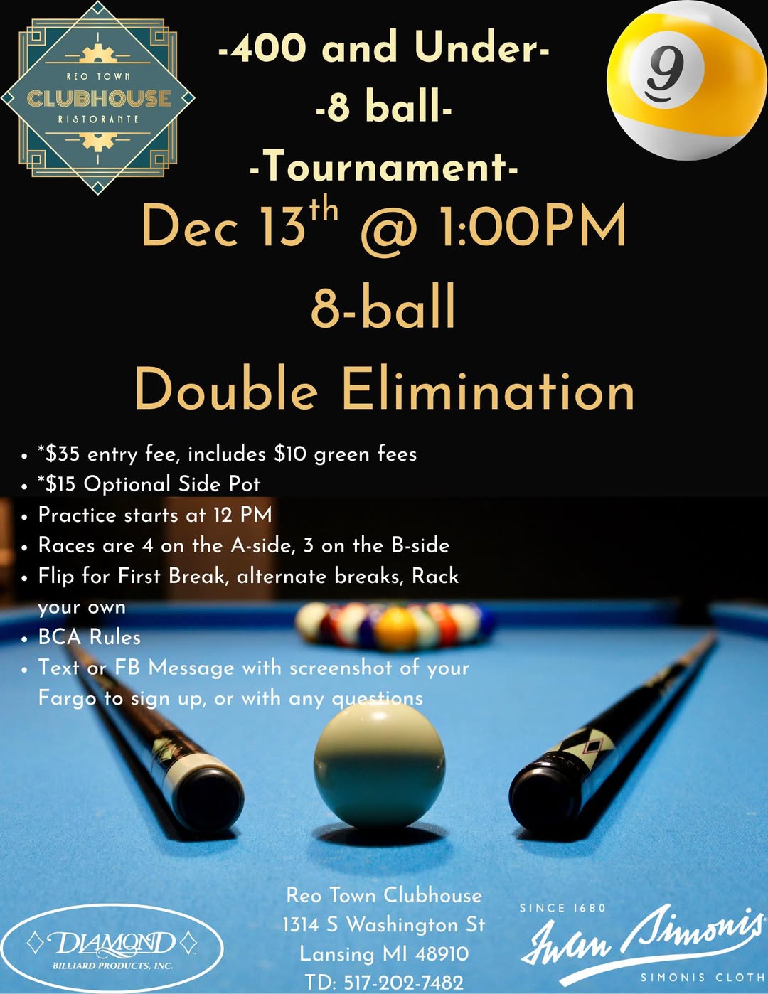 400 and Under - 8 Ball Tournament flyer