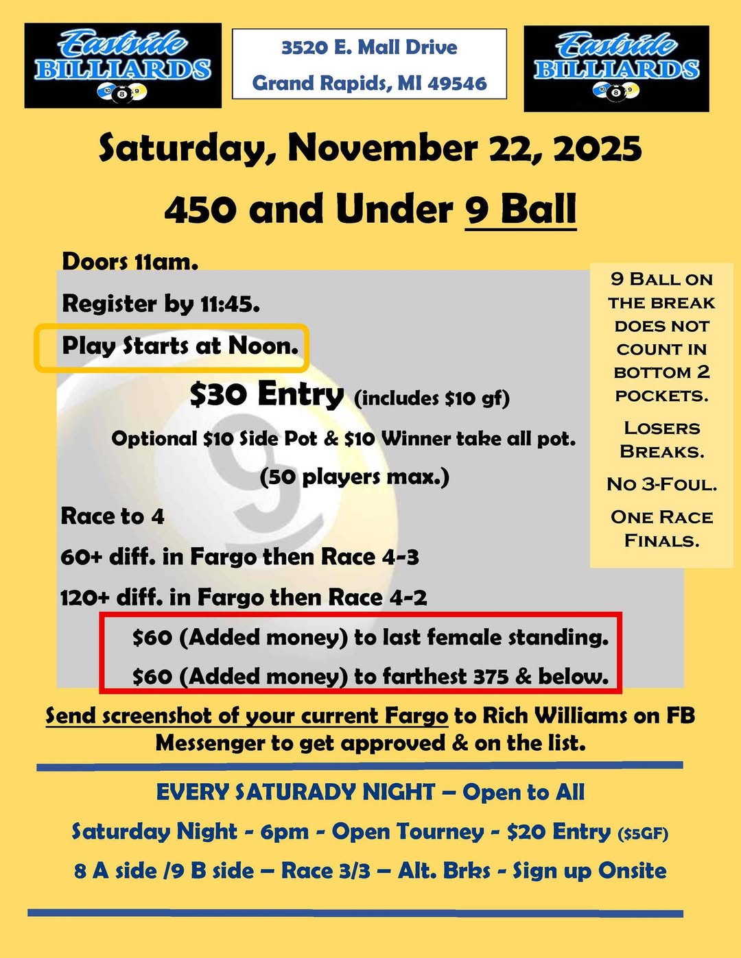 450 and Under 9 Ball flyer