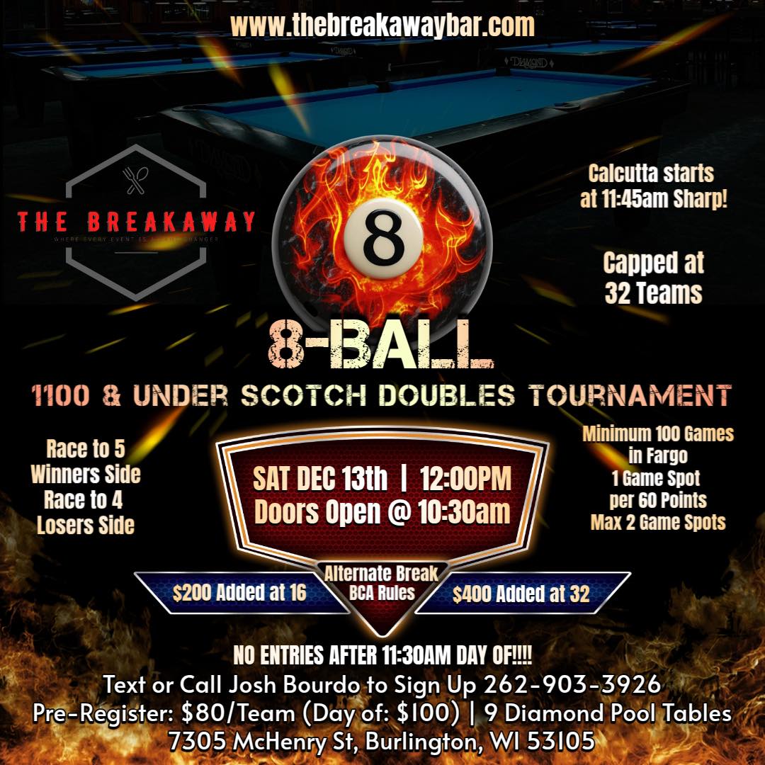 8-Ball 1100 & Under Scotch Doubles Tournament flyer