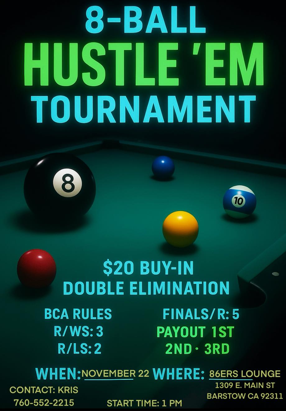 8-Ball Hustle 'Em Tournament flyer