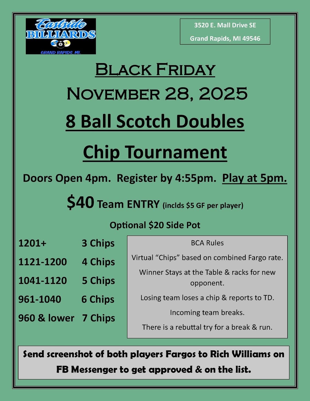 8 Ball Scotch Doubles Chip Tournament flyer