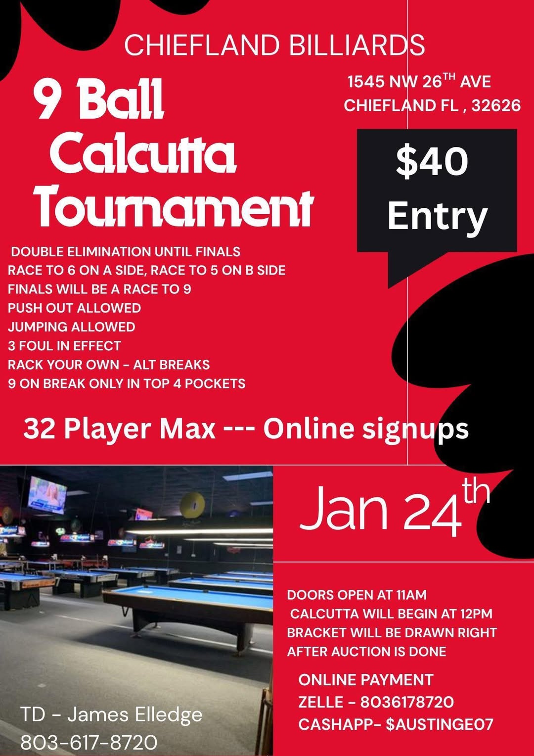 9 Ball Calcutta Tournament flyer