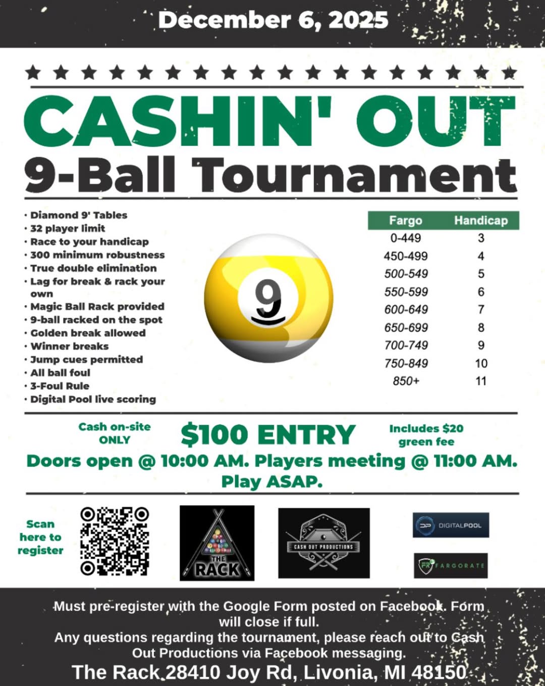 Cashin' Out 9-Ball Tournament flyer