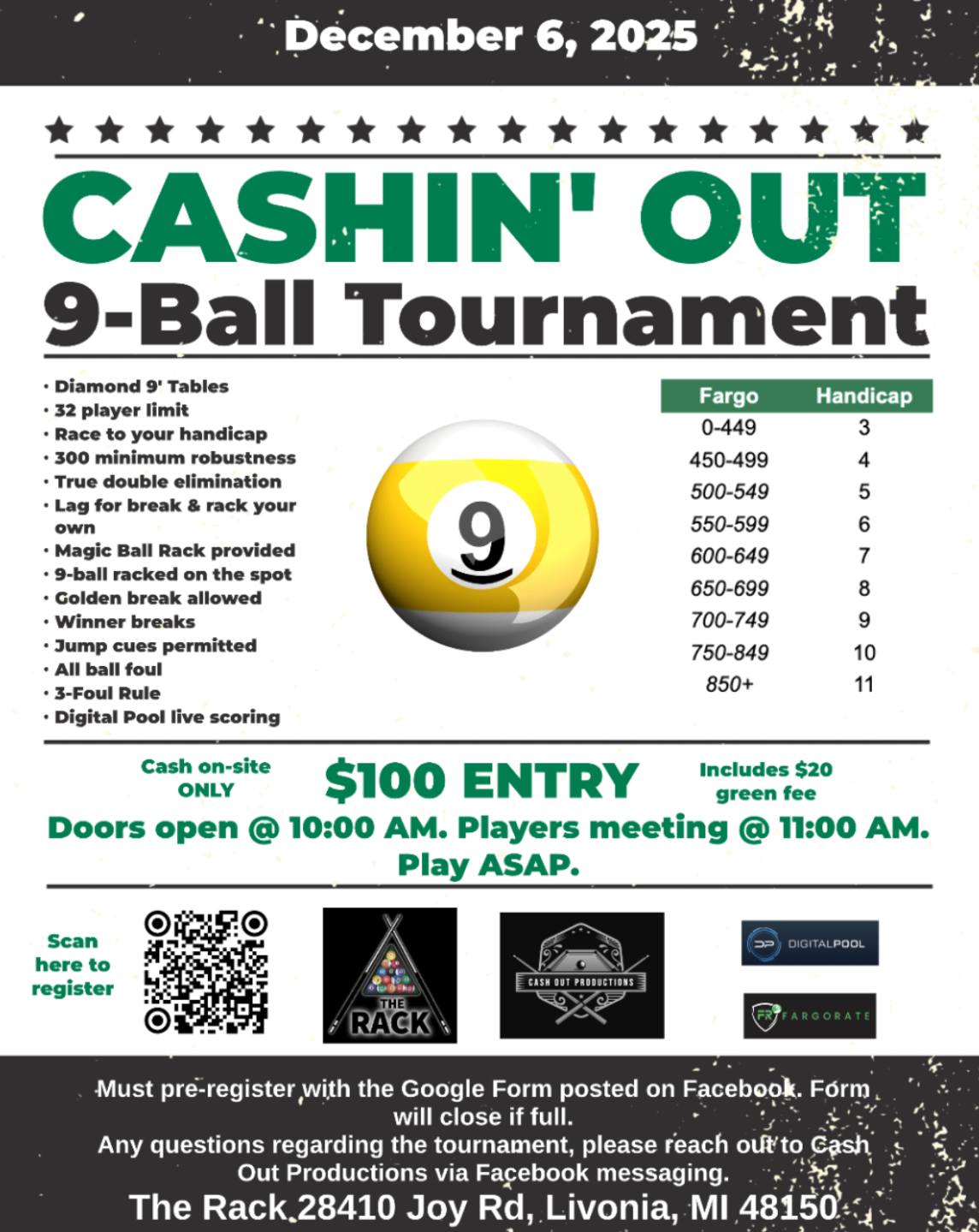 Cashin' Out 9-Ball Tournament flyer