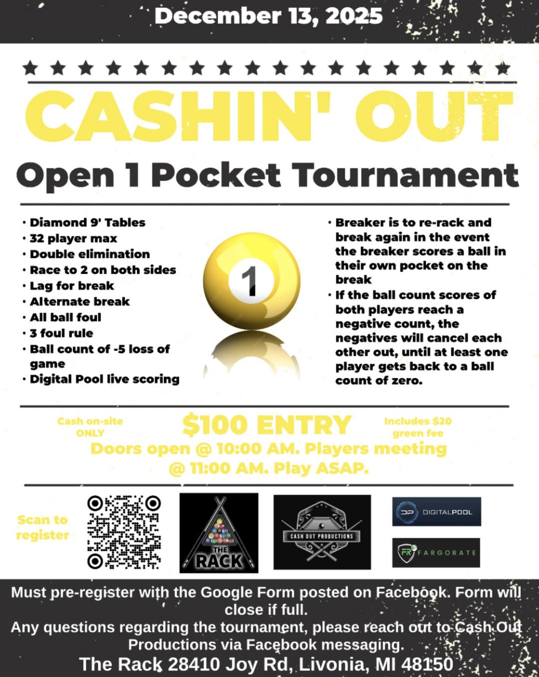 Cashin' Out Open 1 Pocket Tournament flyer