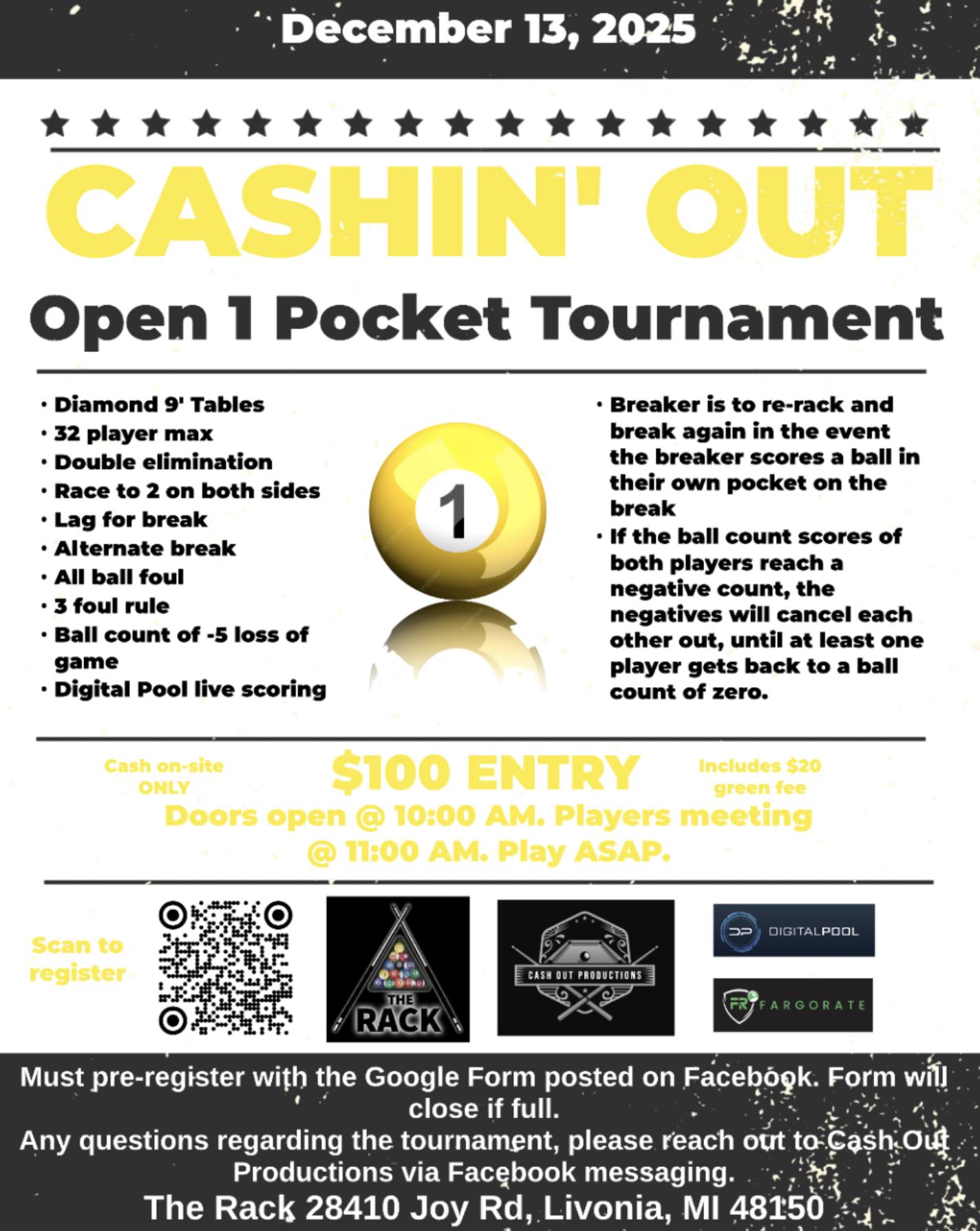 Cashin' Out Open 1 Pocket Tournament flyer