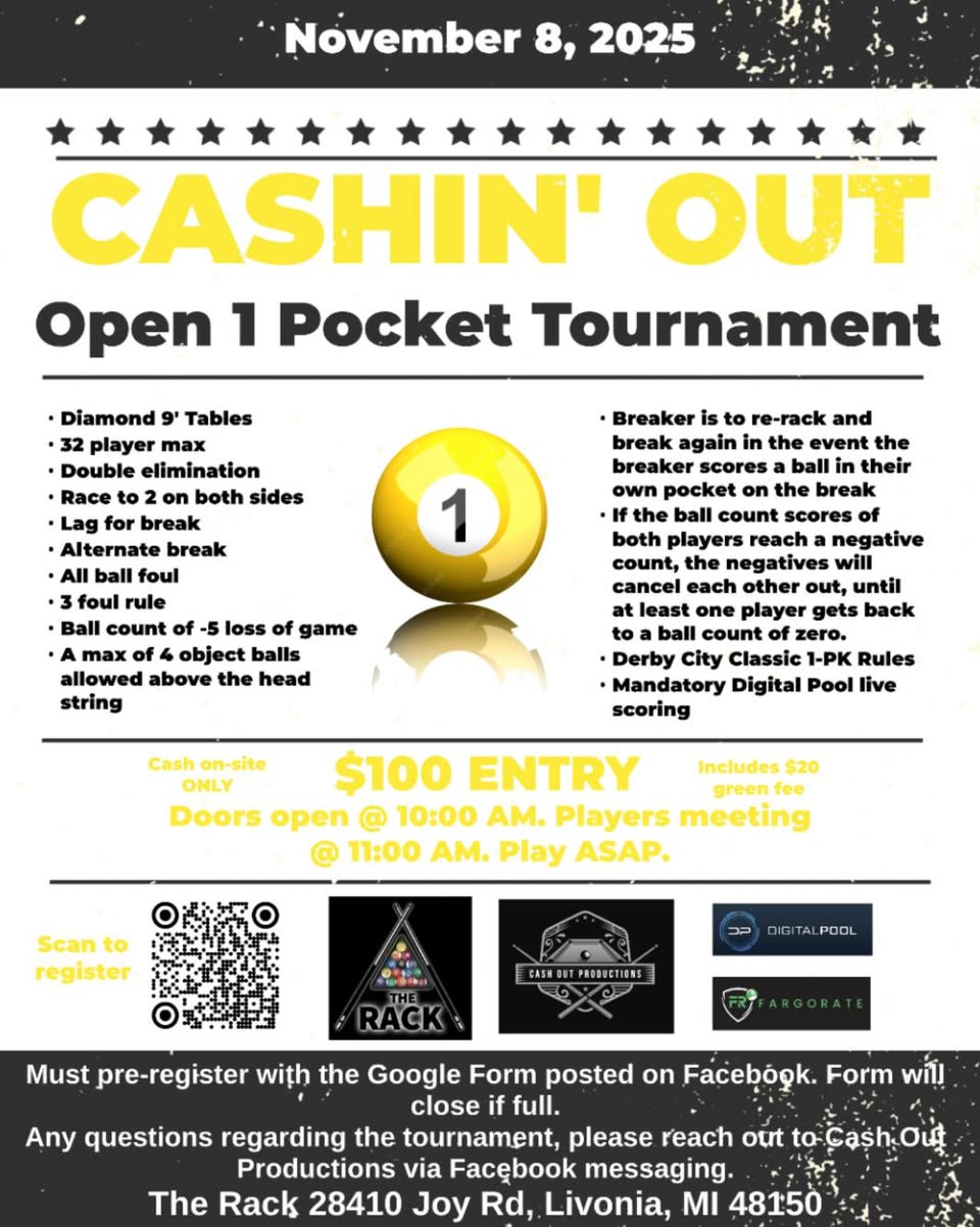 Cashin' Out Open 1 Pocket Tournament flyer