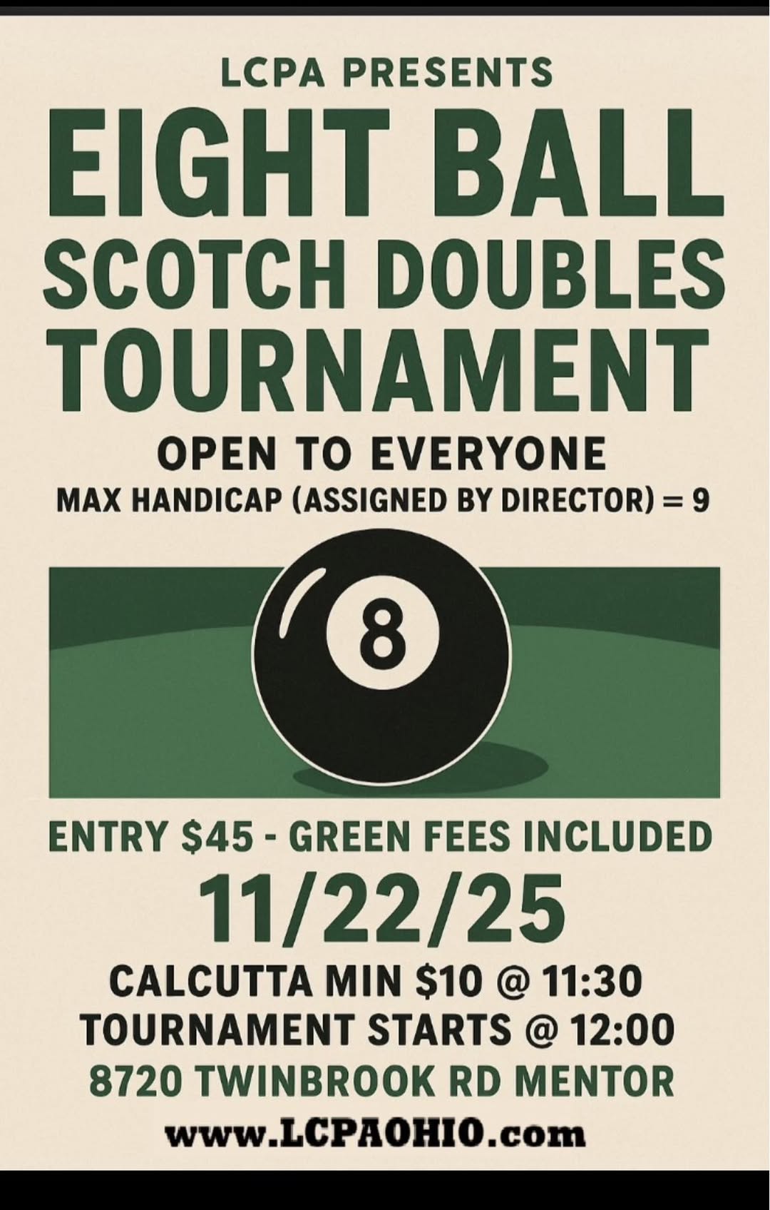 Eight Ball Scotch Doubles Tournament flyer