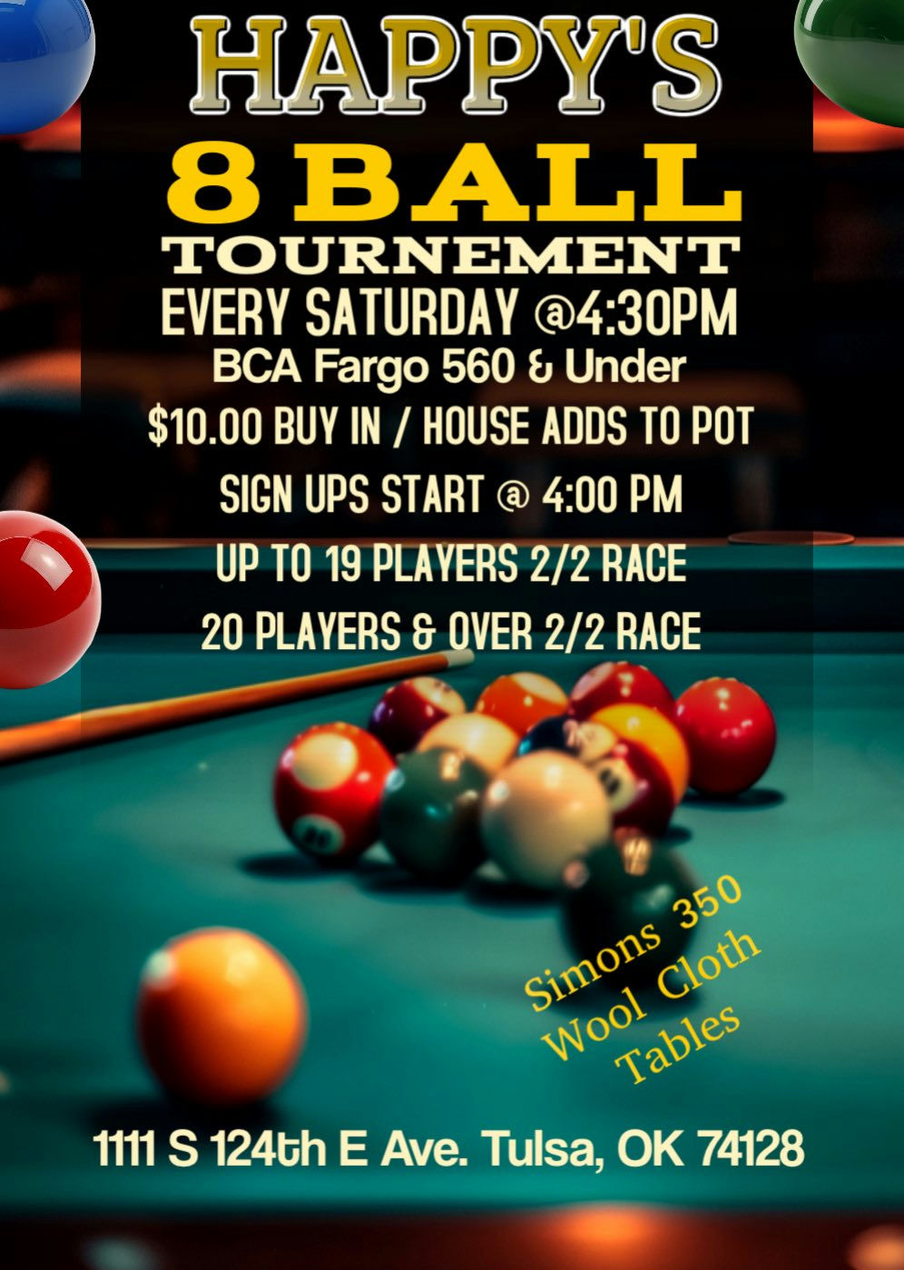 Happy's 8 Ball Tournament flyer