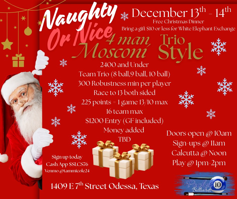 Naughty Or Nice 4 Man Mosconi Trio Style flyer