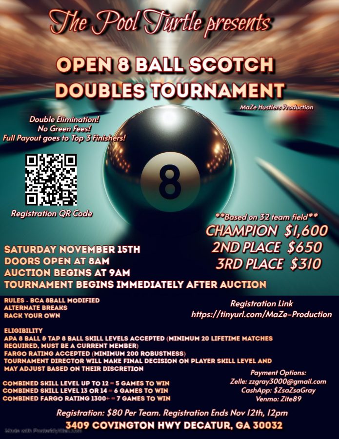 Open 8 Ball Scotch Doubles Tournament flyer