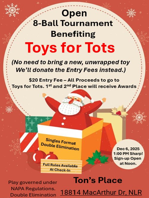 Open 8-Ball Tournament Benefiting Toys for Tots flyer