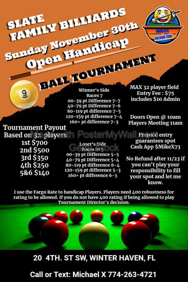 Open Handicap 9 Ball Tournament flyer
