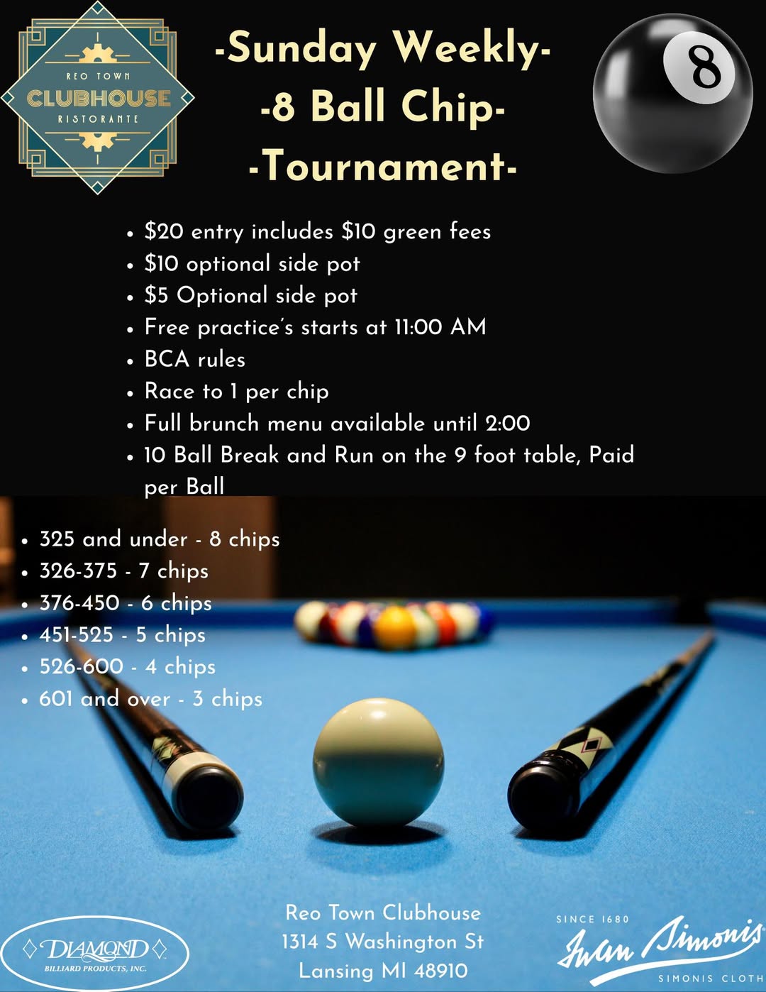 Sunday Weekly 8 Ball Chip Tournament flyer