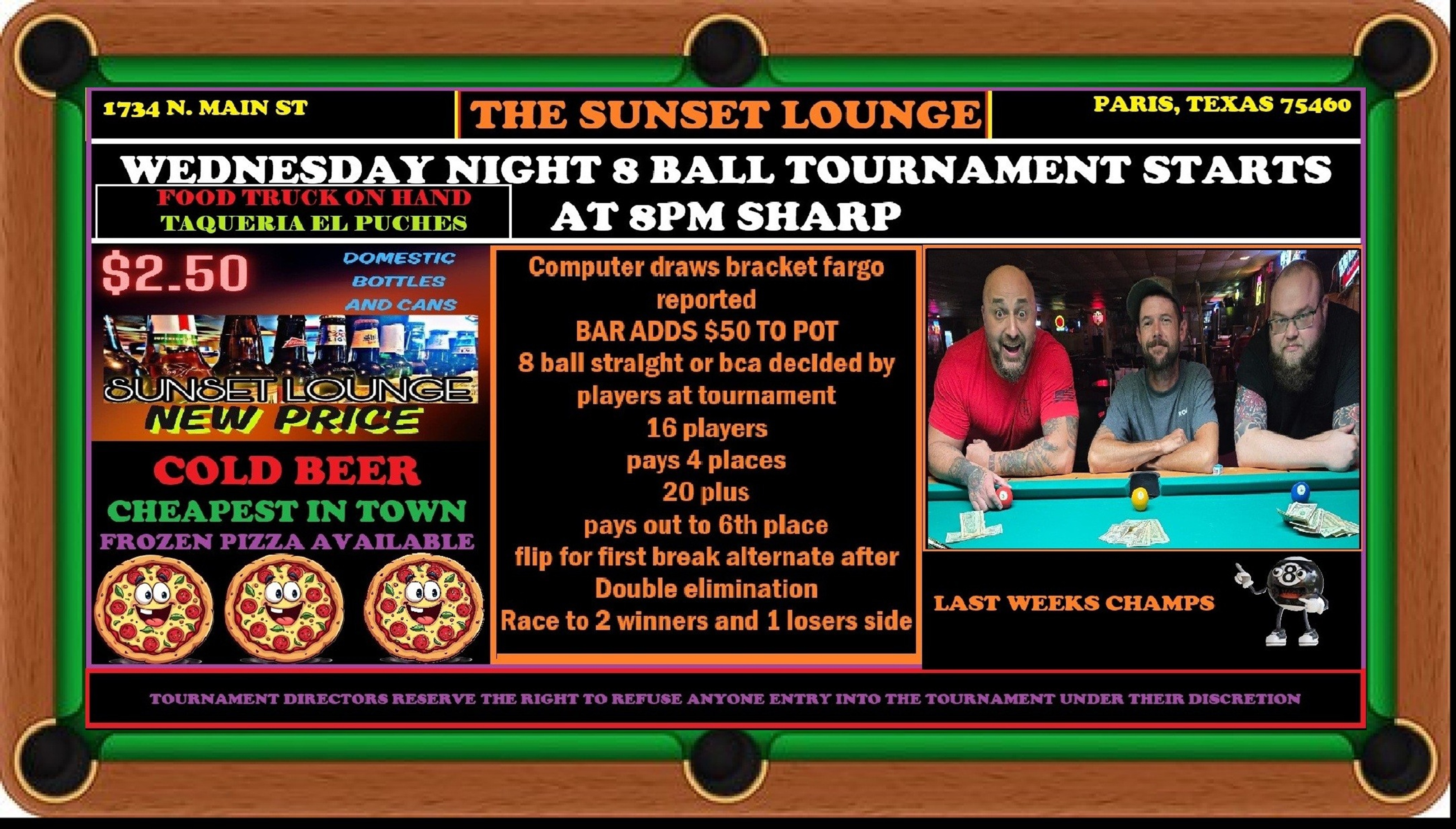 Wednesday Night 8 Ball Tournament flyer