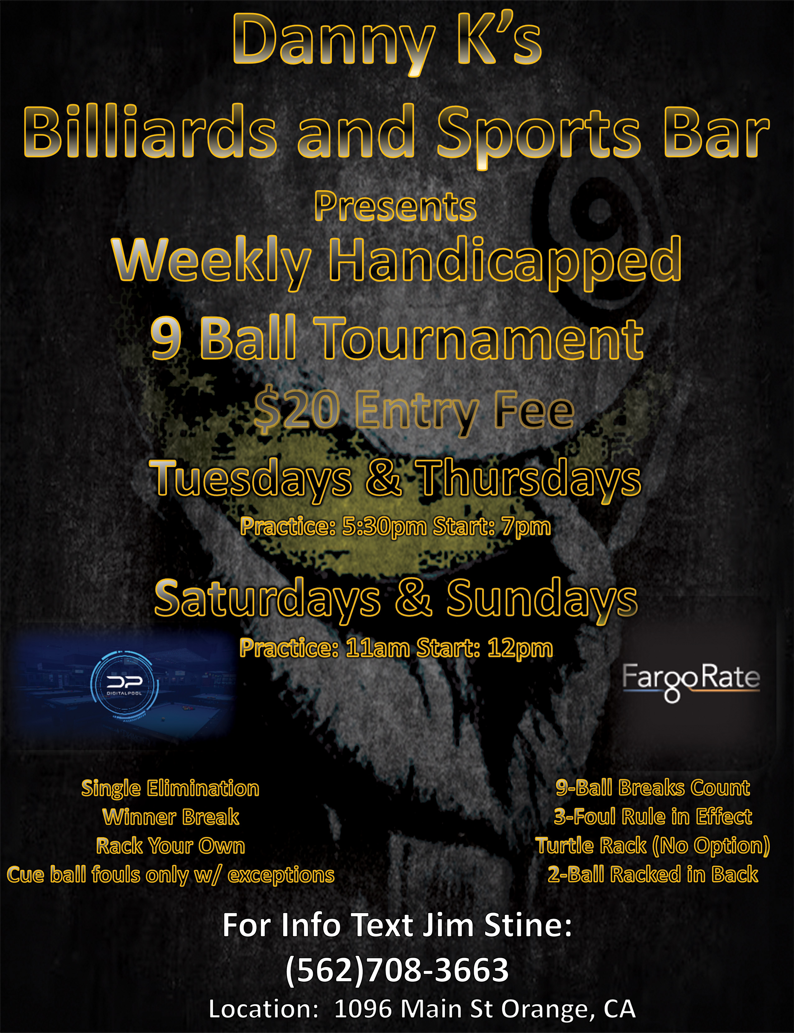 Weekly Handicapped 9 Ball Tournament flyer