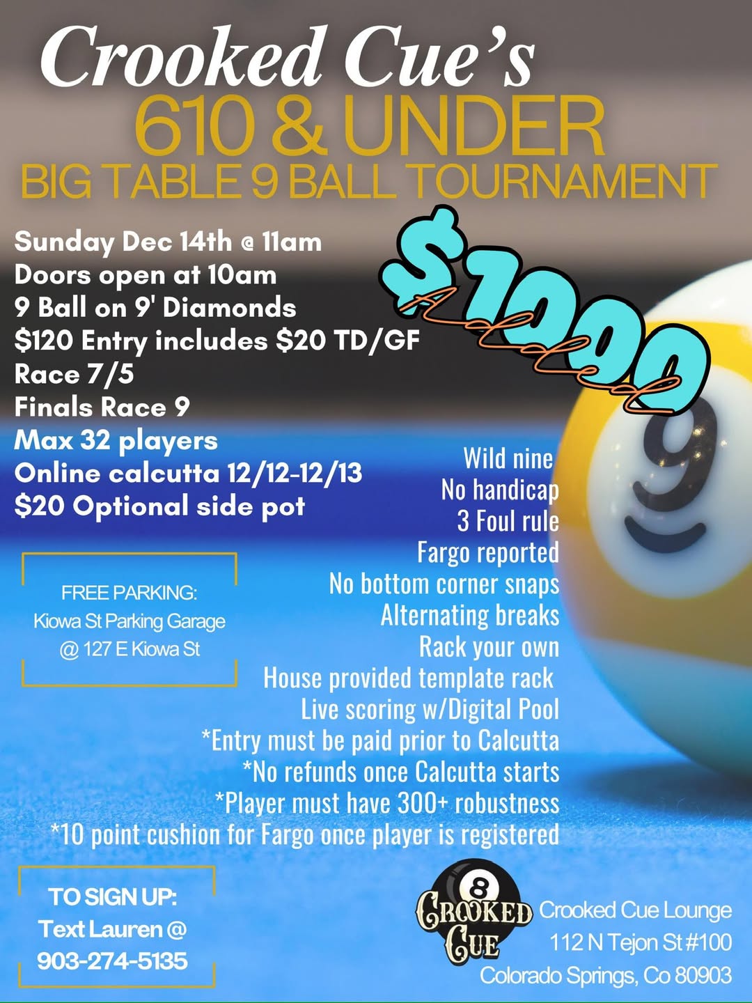610 & Under Big Table 9 Ball Tournament flyer