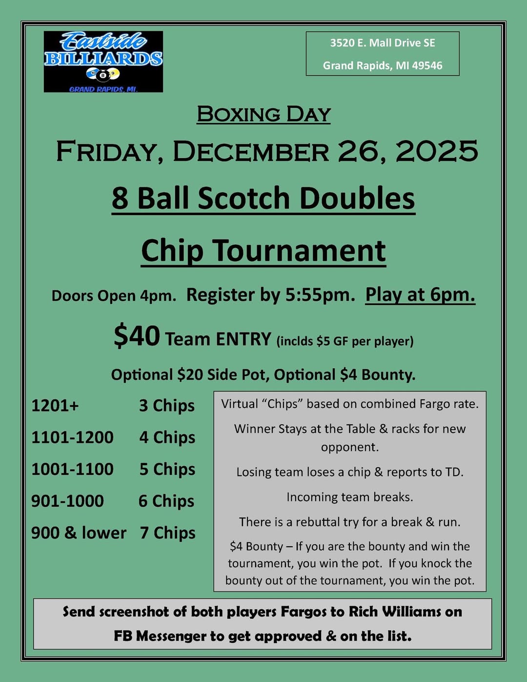 8 Ball Scotch Doubles Chip Tournament flyer
