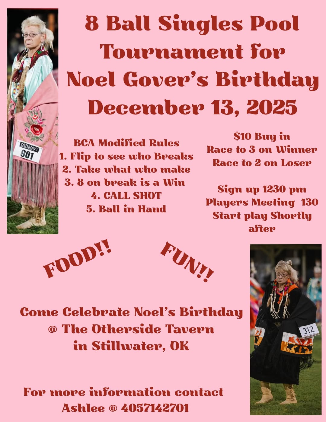 8 Ball Singles Pool Tournament for Noel Gover's Birthday flyer