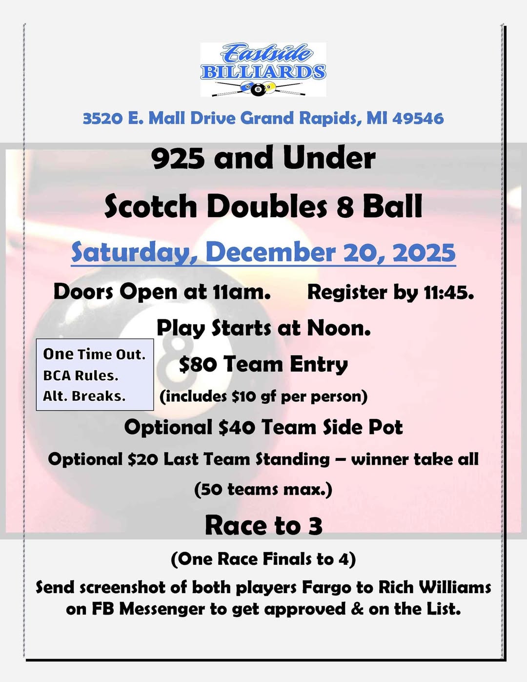 925 and Under Scotch Doubles 8 Ball flyer