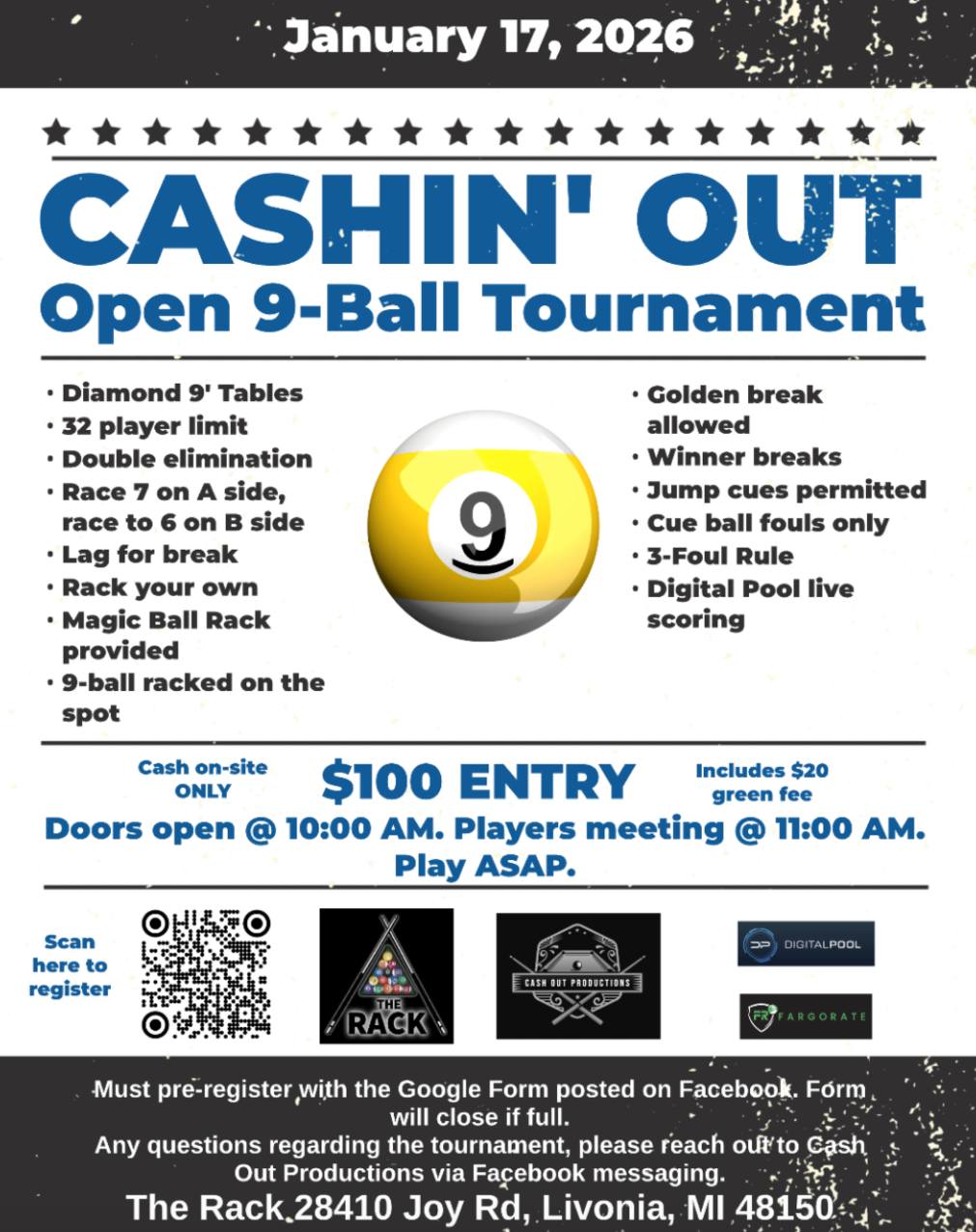 Cashin' Out Open 9-Ball Tournament flyer