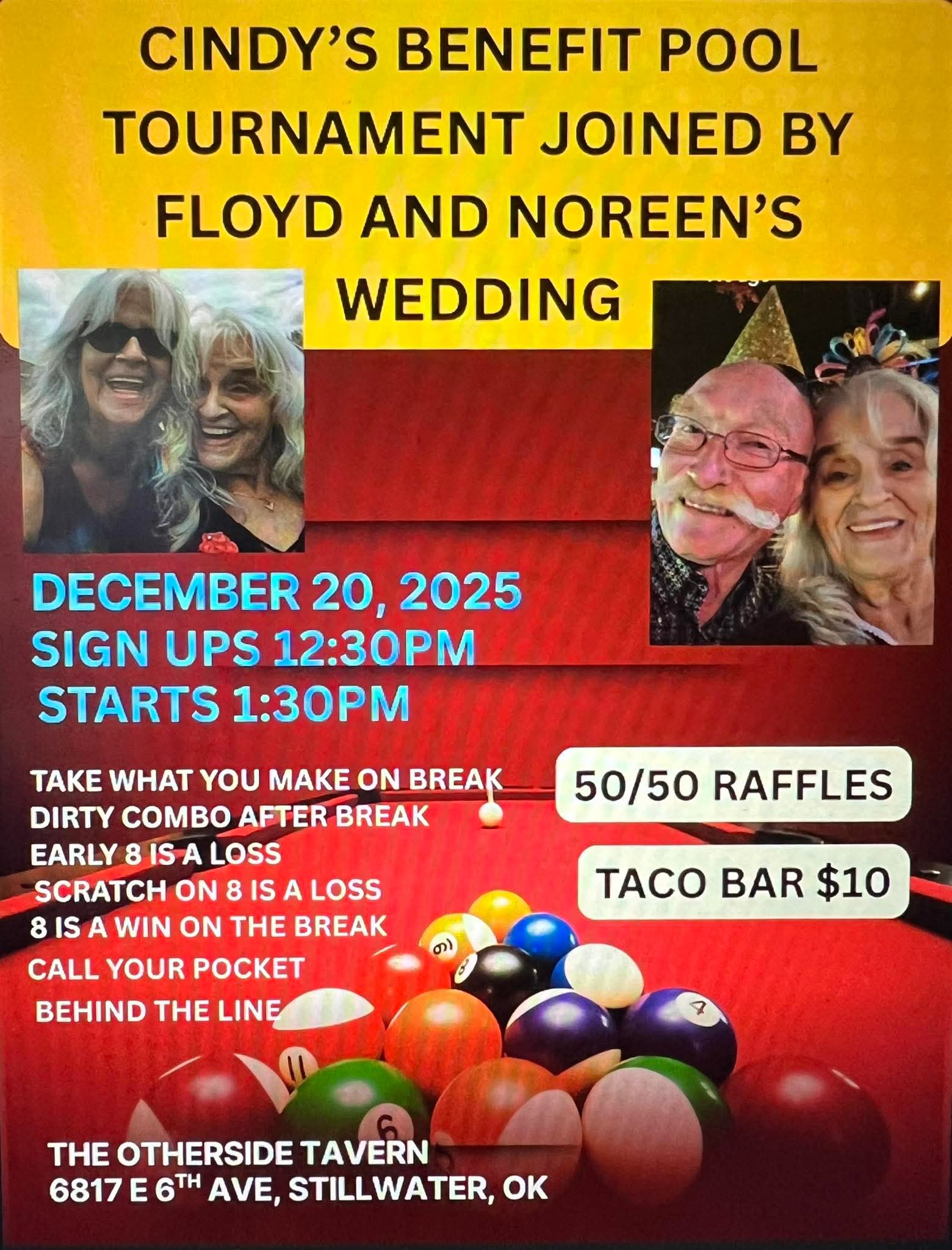 Cindy's Benefit Pool Tournament Joined By Floyd And Noreen's Wedding flyer