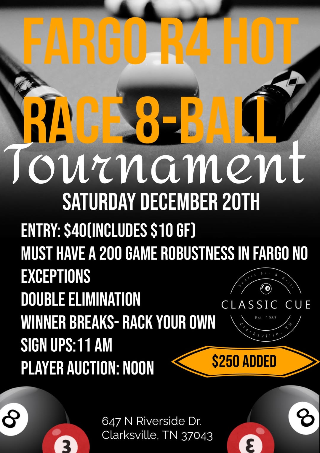 Fargo R4 Hot Race 8-Ball Tournament flyer