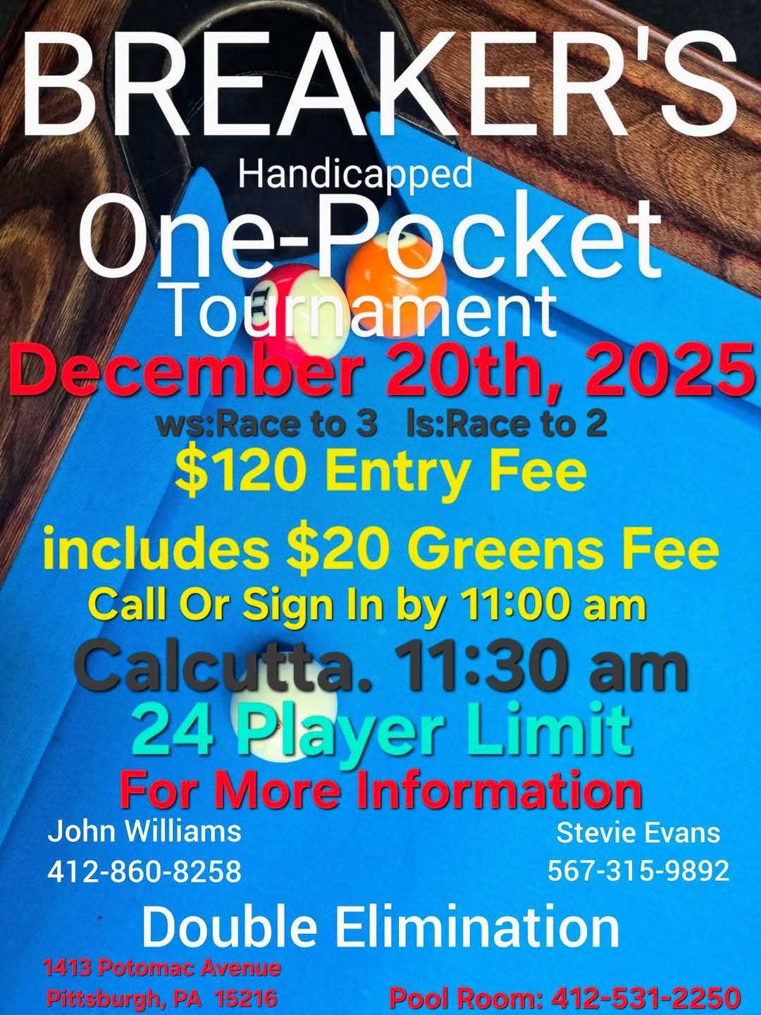 Handicapped One-Pocket Tournament flyer