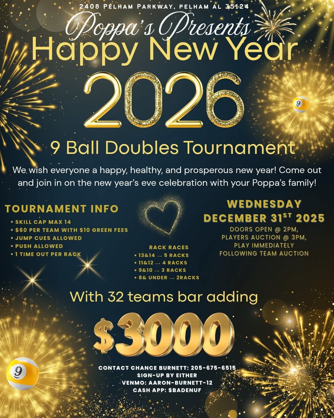 Happy New Year 2026 9 Ball Doubles Tournament flyer