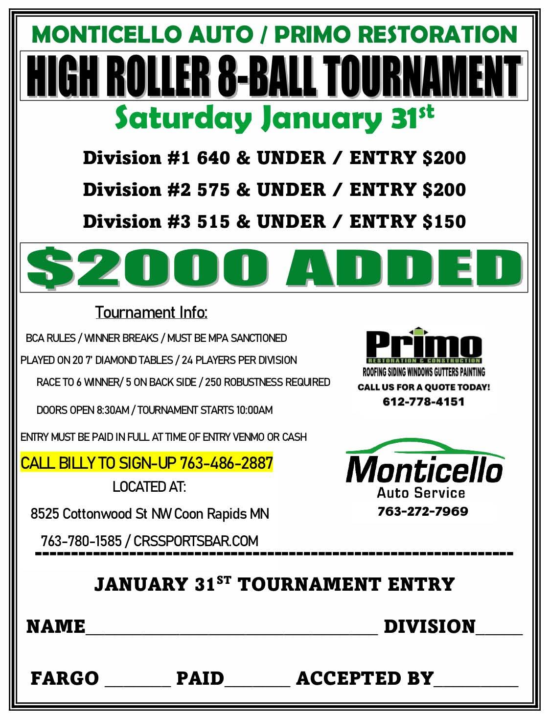 High Roller 8-Ball Tournament flyer