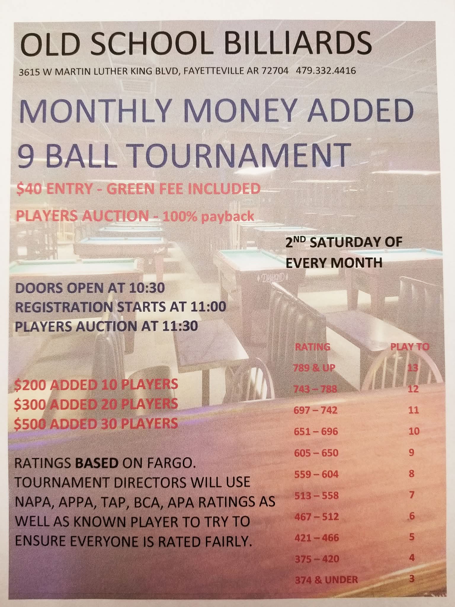 Monthly Money Added 9 Ball Tournament flyer