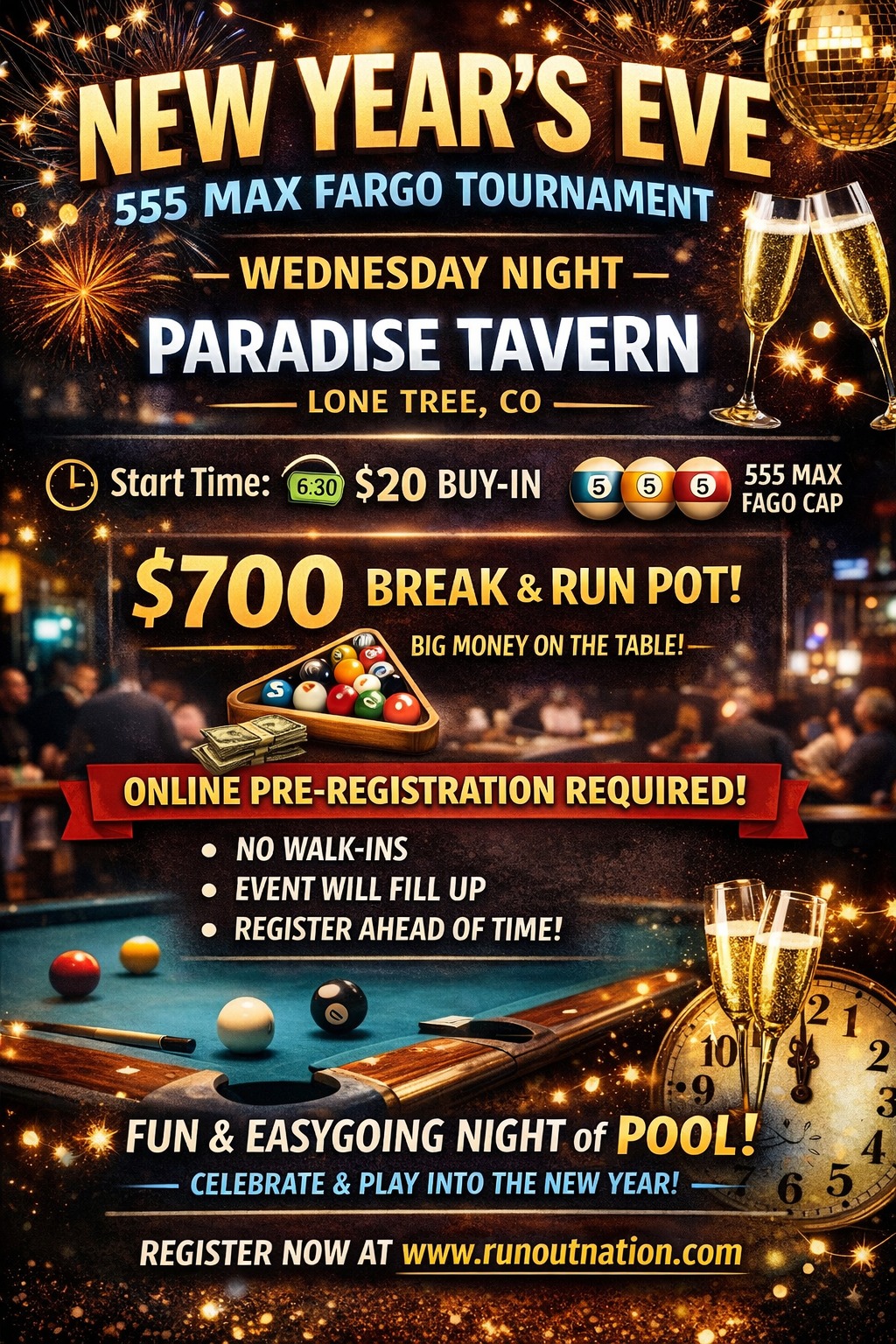 New Year's Eve 555 Max Fargo Tournament flyer