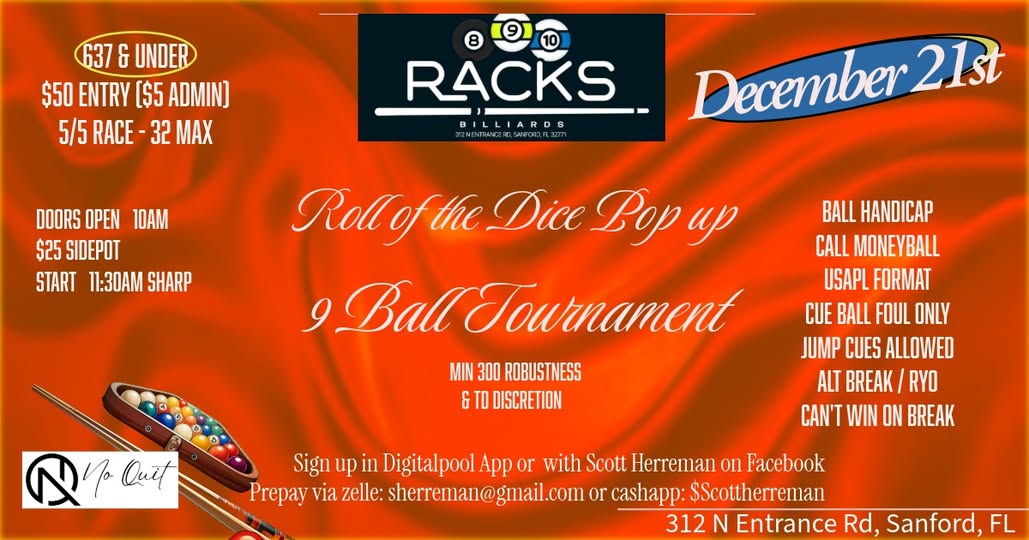 Roll of the Dice Pop Up 9 Ball Tournament flyer