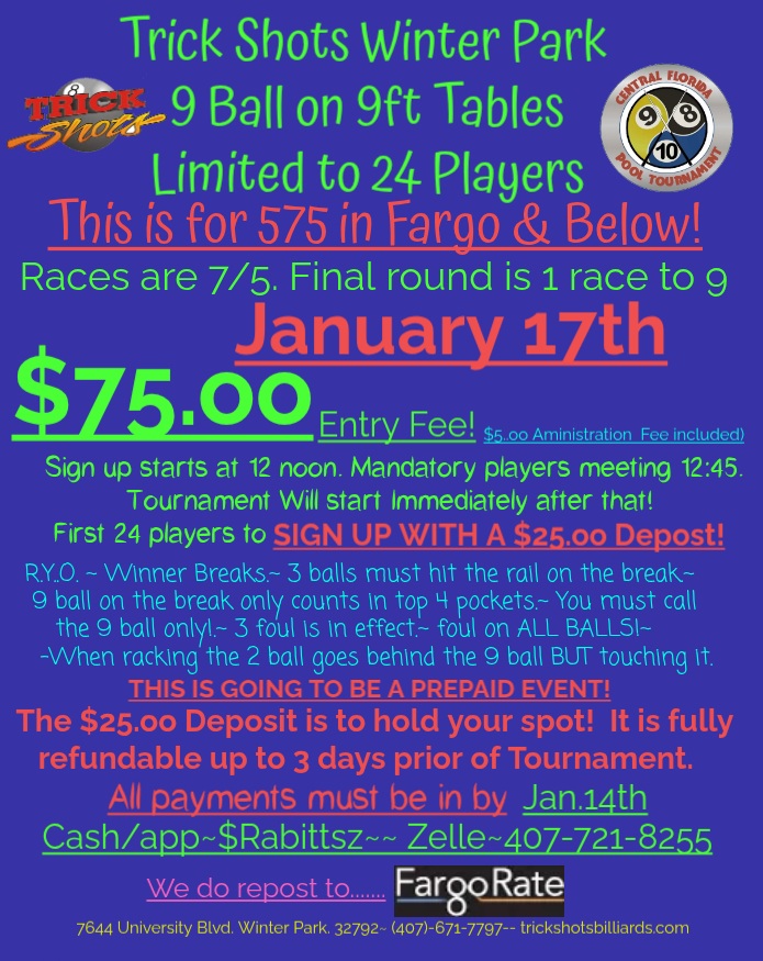 Trick Shots Winter Park 9 Ball Tournament flyer