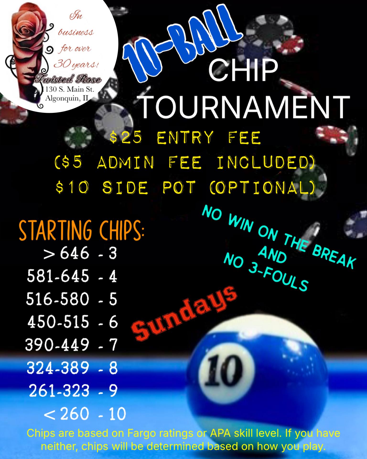 10-Ball Chip Tournament flyer