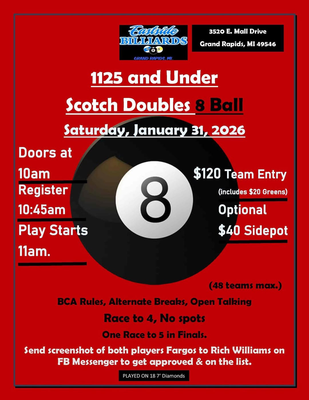 1125 and Under Scotch Doubles 8 Ball flyer