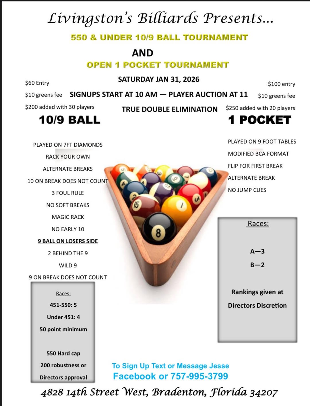 550 & Under 10/9 Ball Tournament flyer