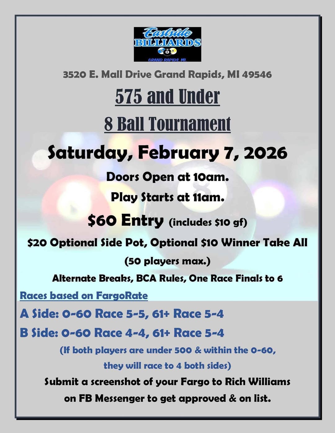 575 And Under 8 Ball Tournament flyer