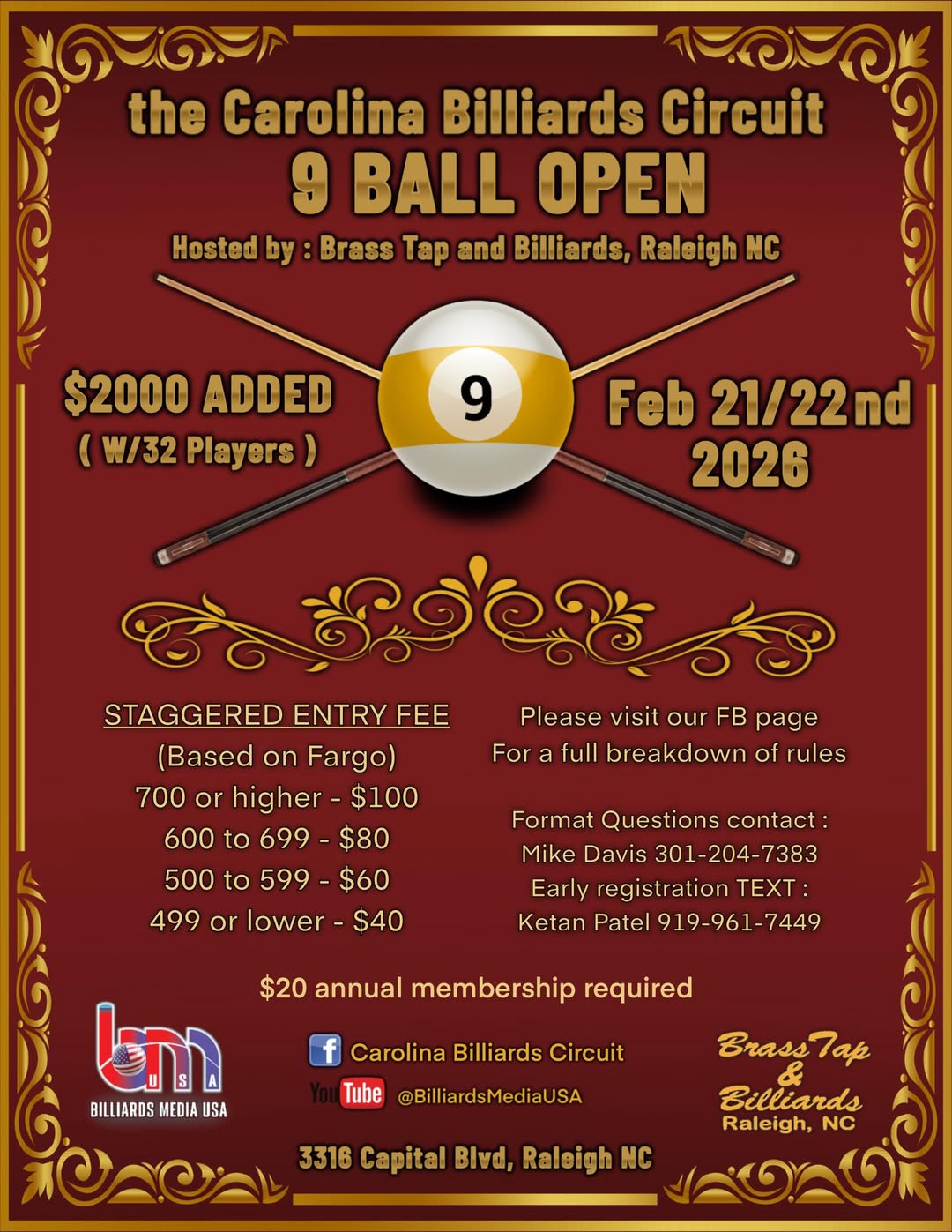 Carolina Billiards Circuit 9 Ball Open flyer