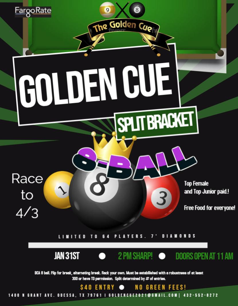 Golden Cue Split Bracket 8-Ball flyer