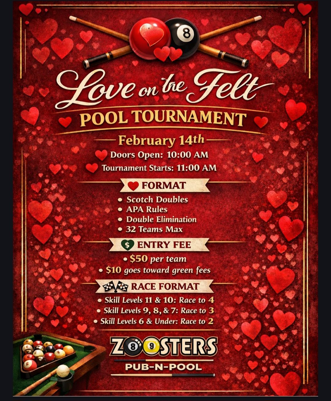 Love on the Felt Pool Tournament flyer