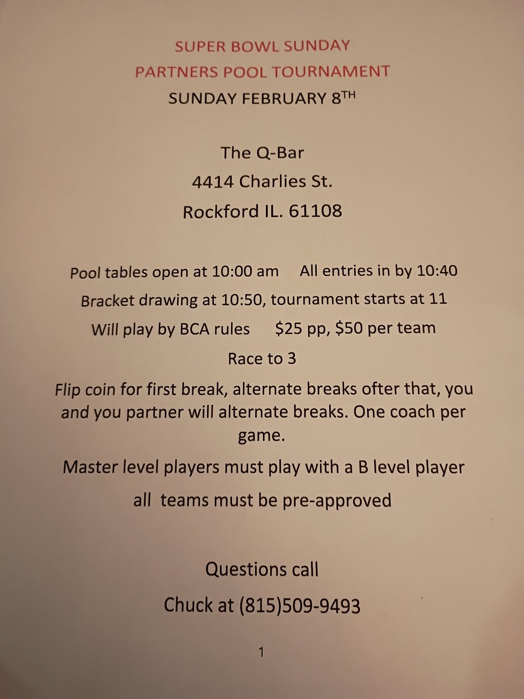 Super Bowl Sunday Partners Pool Tournament flyer
