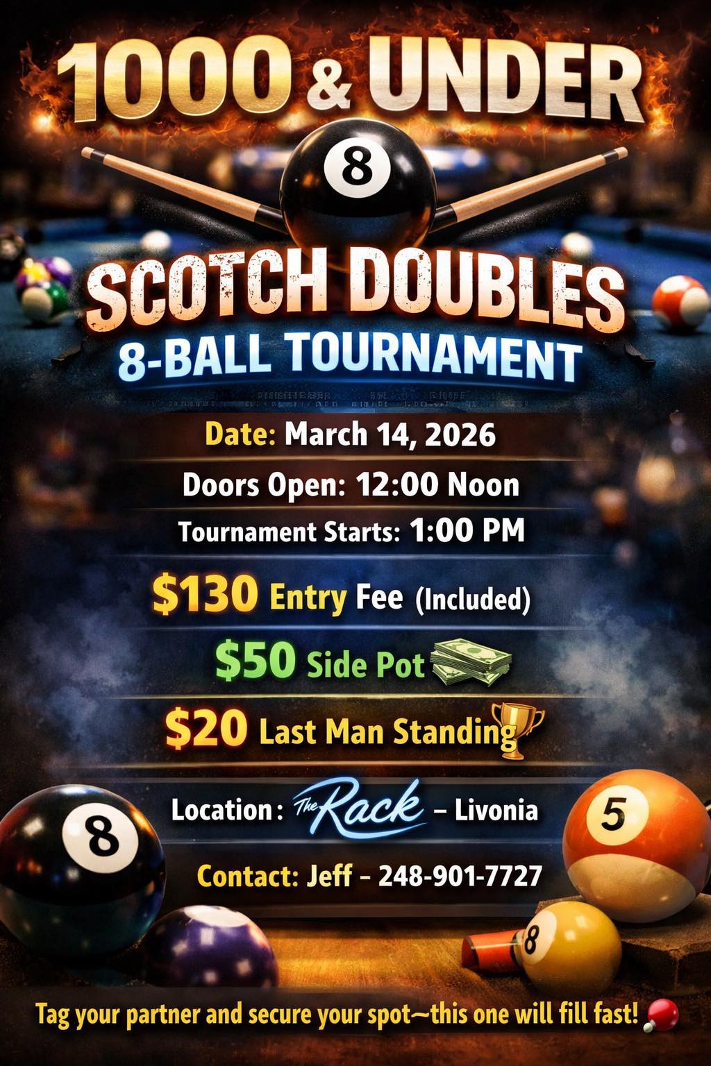 1000 & Under Scotch Doubles 8-Ball Tournament flyer