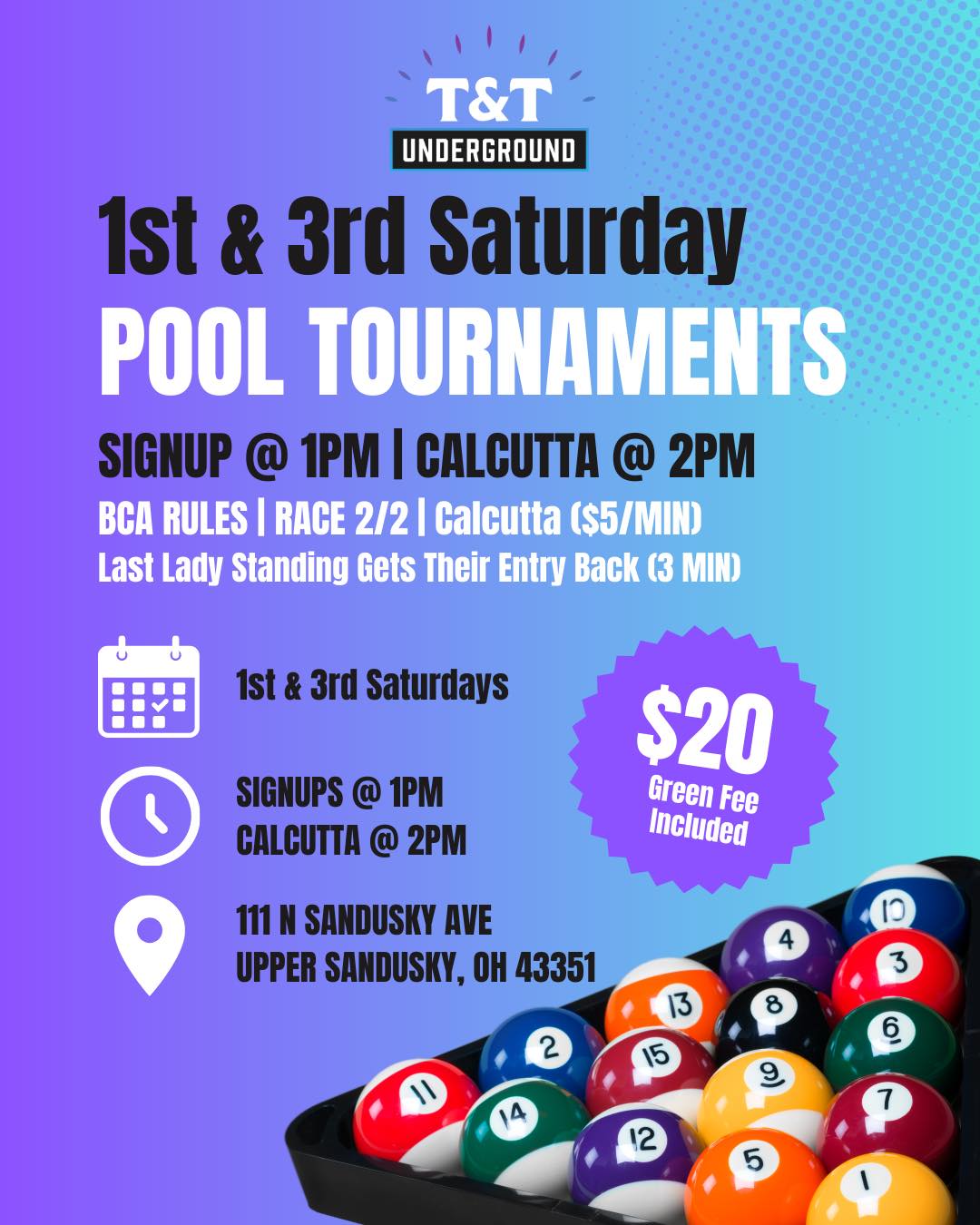 1st & 3rd Saturday Pool Tournaments flyer