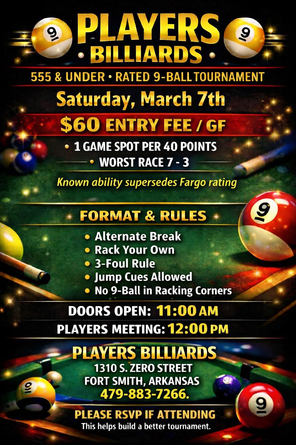 555 & Under Rated 9-Ball Tournament flyer