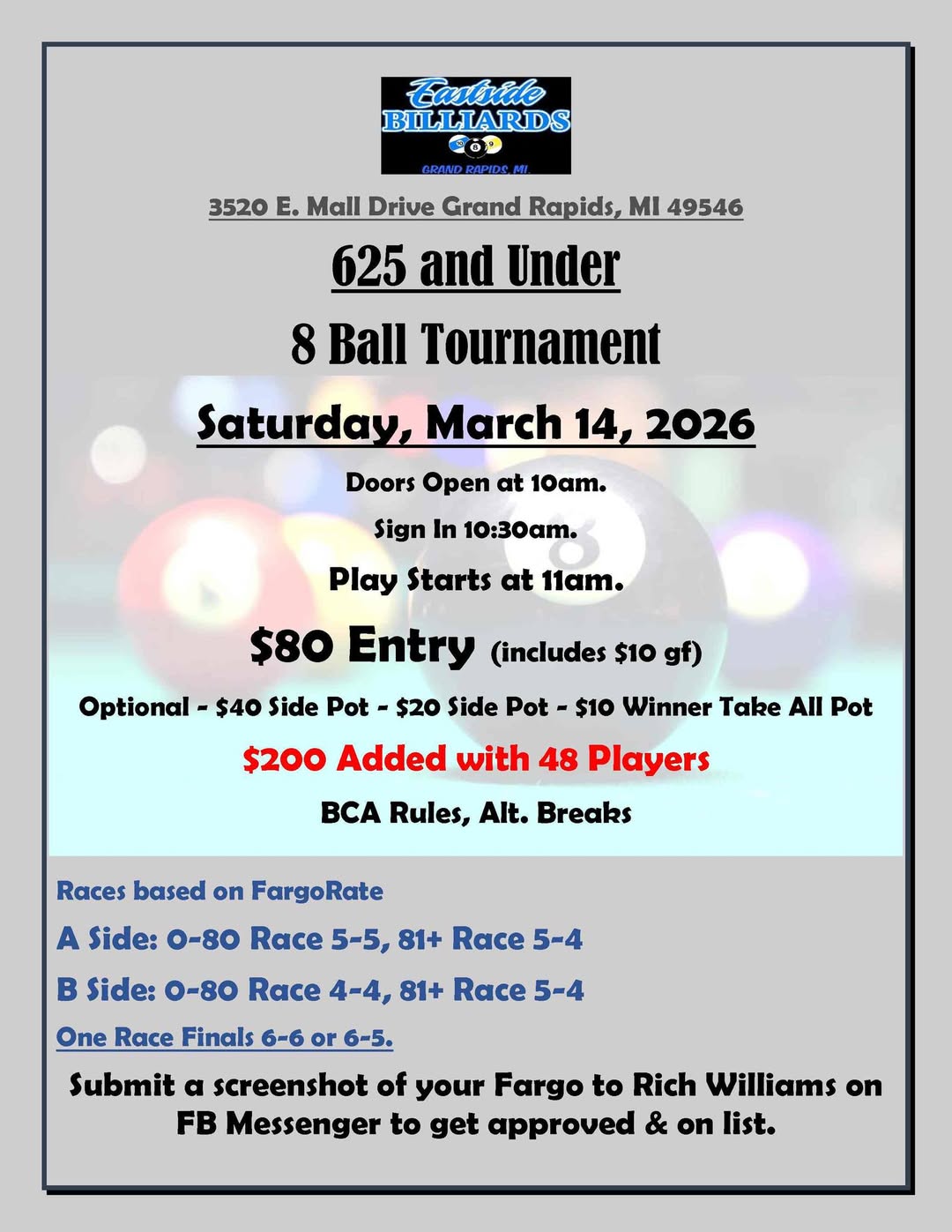 625 and Under 8 Ball Tournament flyer