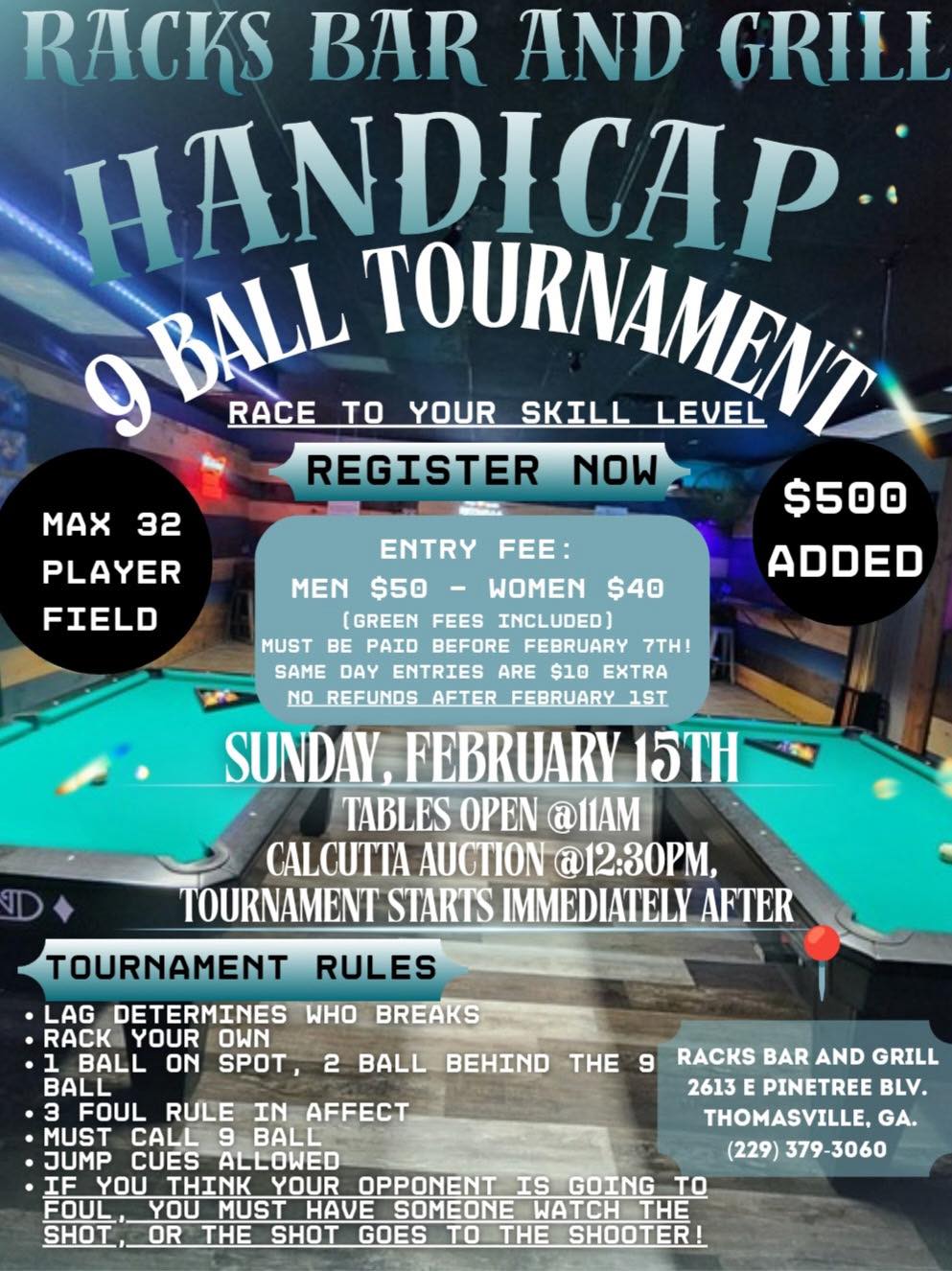 Handicap 9 Ball Tournament flyer