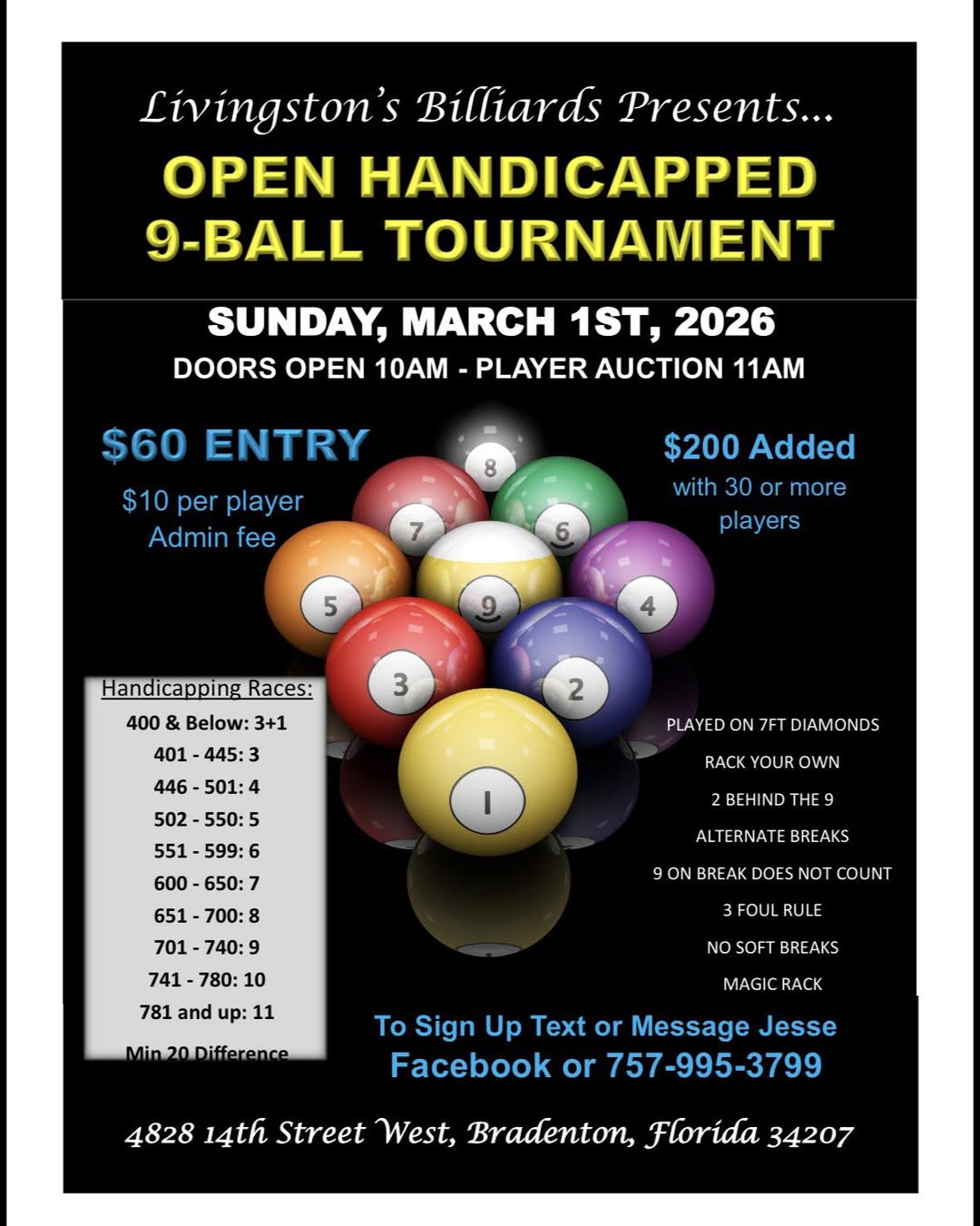 Open Handicapped 9-Ball Tournament flyer