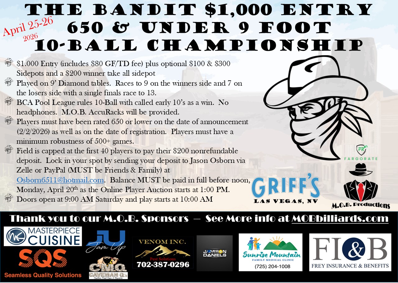 The Bandit $1,000 Entry 650 & Under 9 Foot 10-Ball Championship flyer
